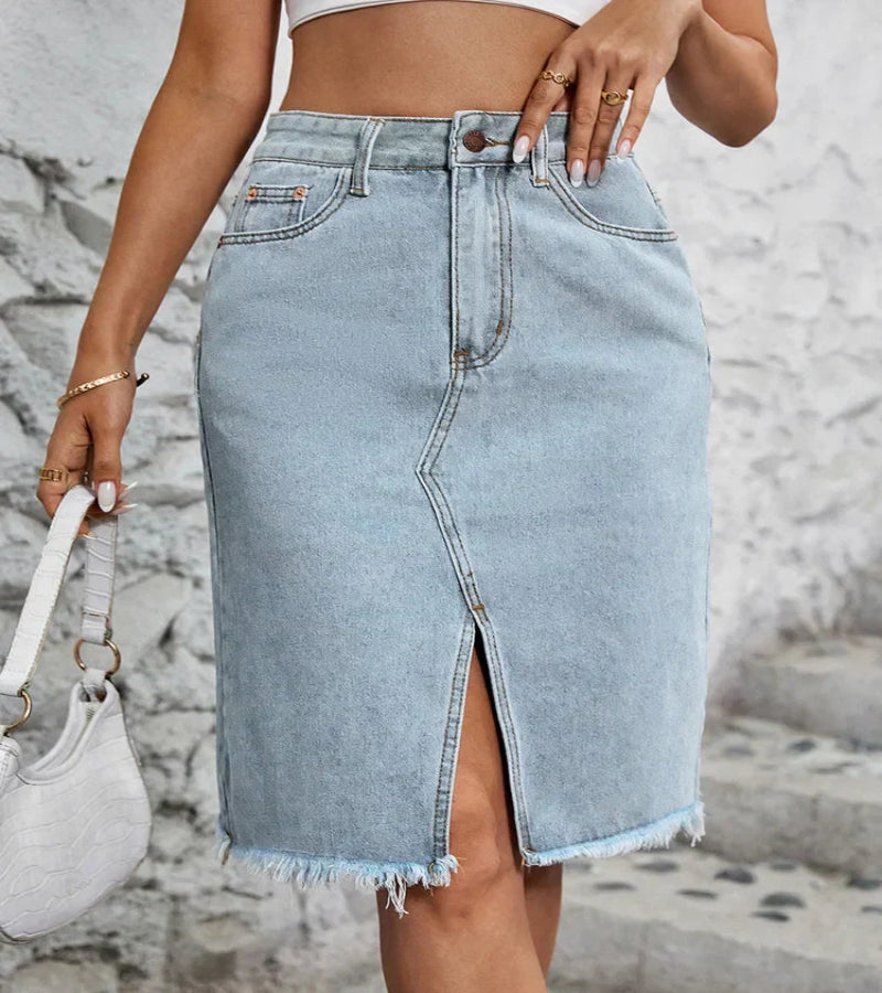 High Waist Denim Midi Skirt with Front Split and Raw Hem