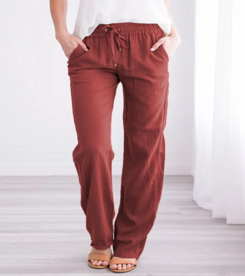 Relaxed Linen Trousers with Elasticated Drawstring Waist and Side Pockets
