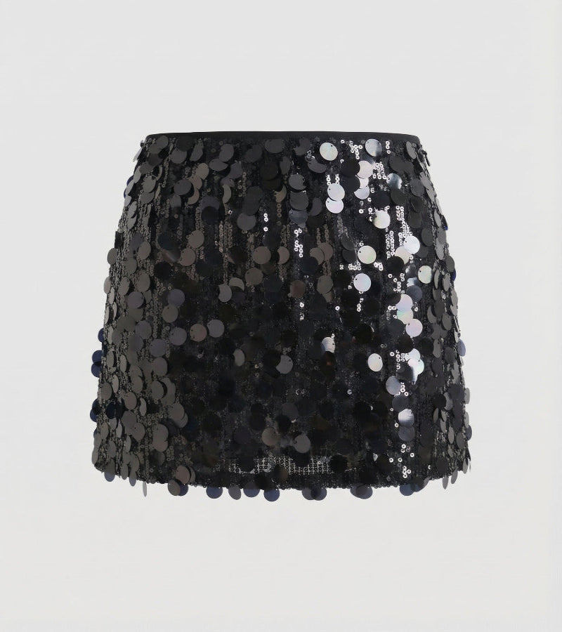 Sequin Mini Skirt with Large Disc Embellishment