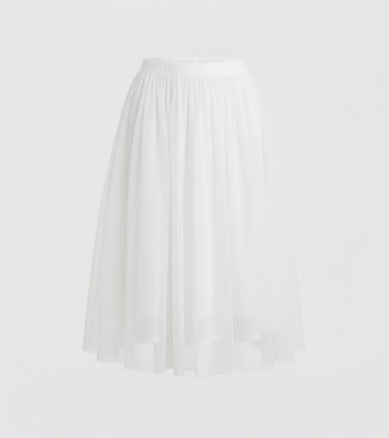Tulle Midi Skirt with Full Layered A-Line Silhouette and Elasticated Waist