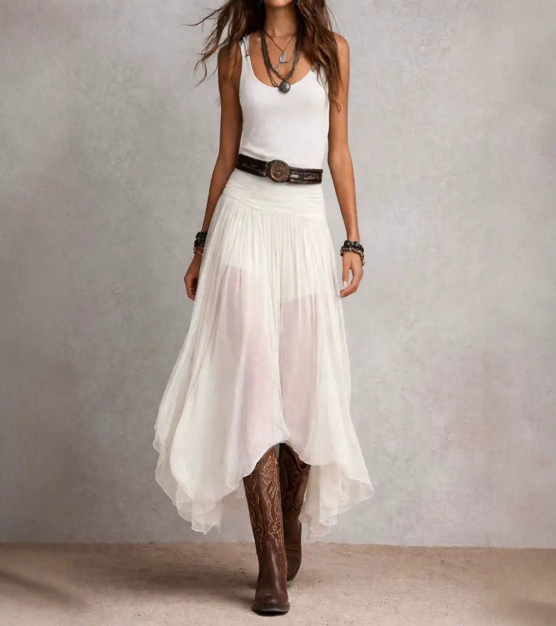 Boho Flowy Midi Skirt with Ruched Waistband and Asymmetric Hem