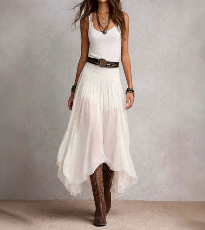 Boho Flowy Midi Skirt with Ruched Waistband and Asymmetric Hem