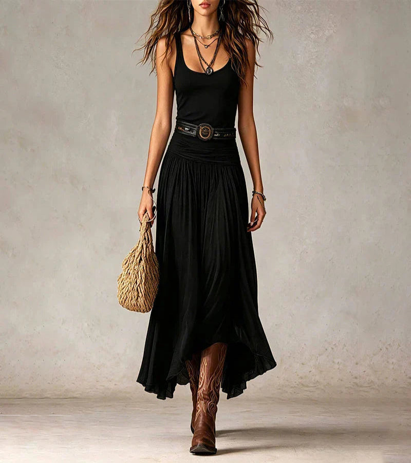 Boho Flowy Midi Skirt with Ruched Waistband and Asymmetric Hem