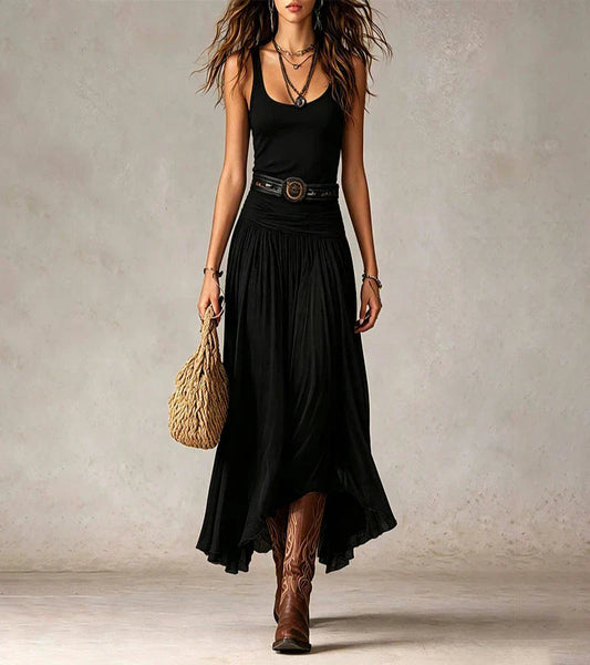 Boho Flowy Midi Skirt with Ruched Waistband and Asymmetric Hem