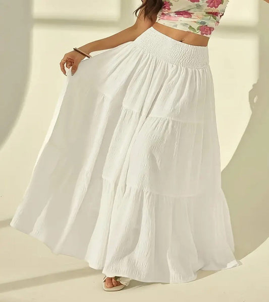 Boho High Waist Tiered Maxi Skirt with Smocked Waistband