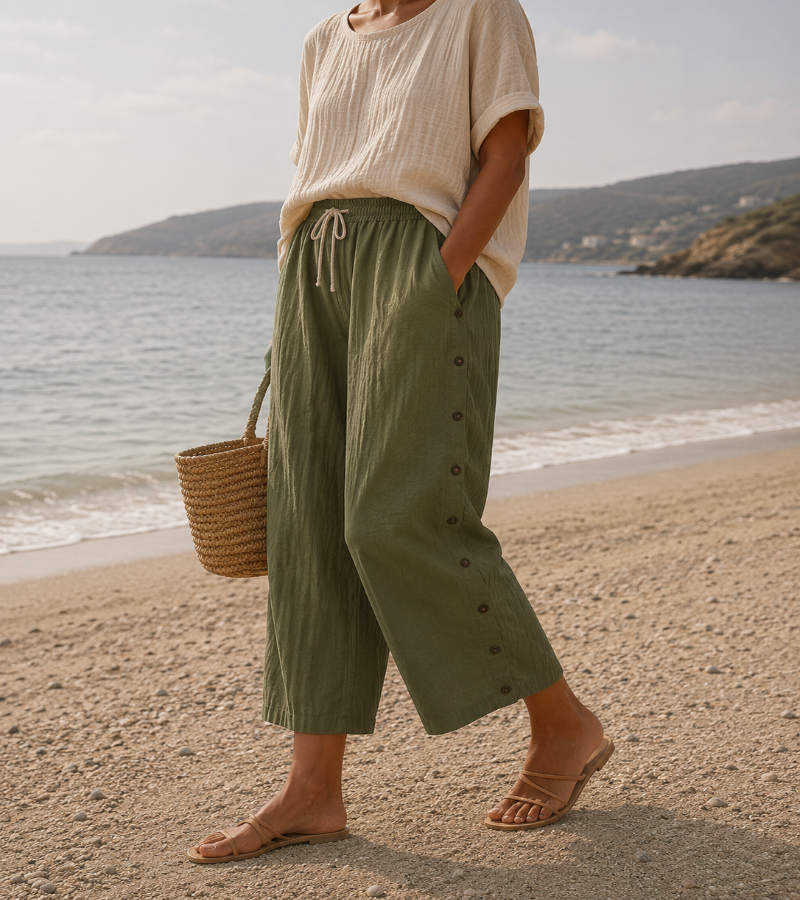 Casual Linen Capri Pants with Button Detail and Elasticated Waist