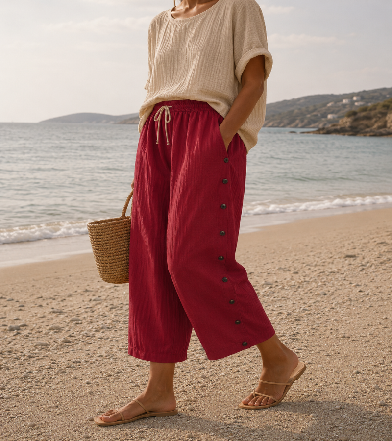 Casual Linen Capri Pants with Button Detail and Elasticated Waist