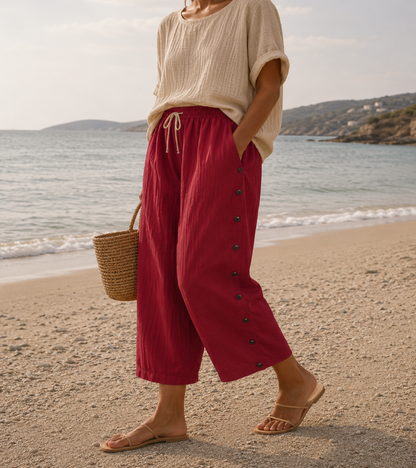 Casual Linen Capri Pants with Button Detail and Elasticated Waist