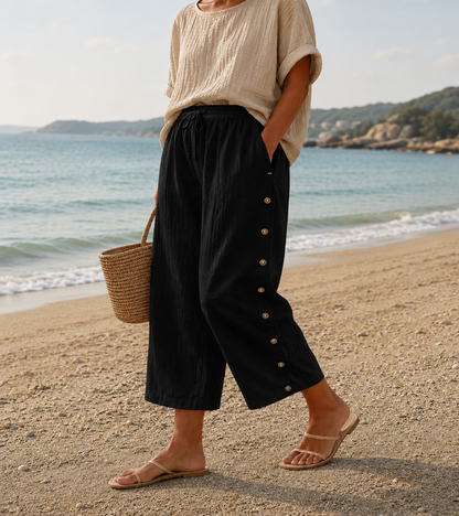 Casual Linen Capri Pants with Button Detail and Elasticated Waist