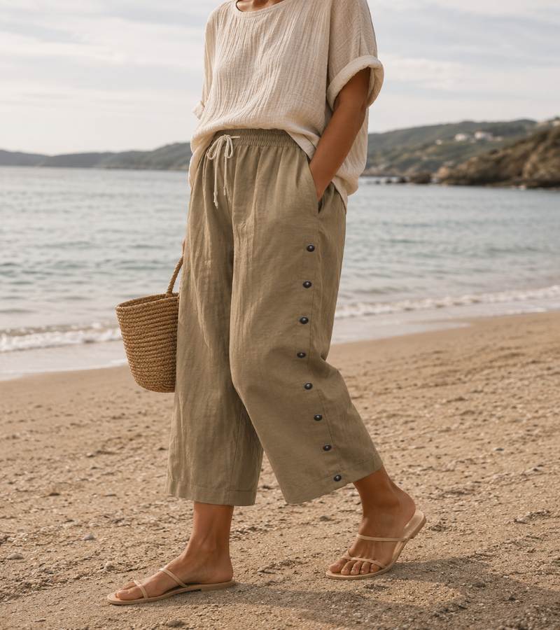 Casual Linen Capri Pants with Button Detail and Elasticated Waist