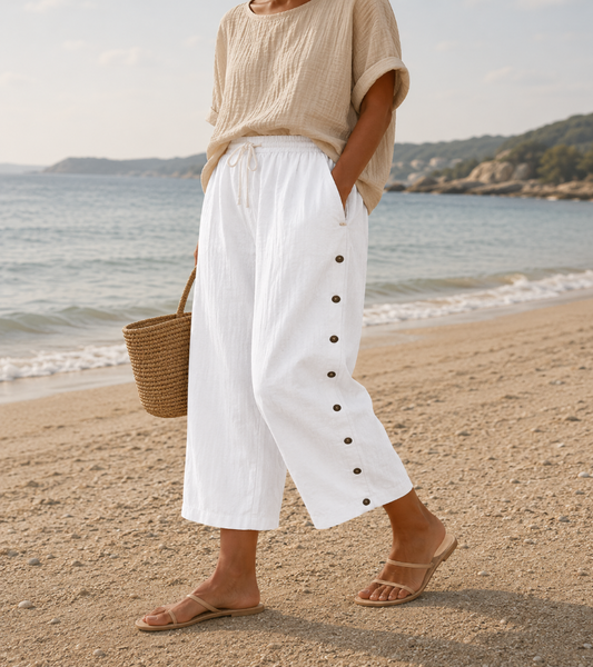Casual Linen Capri Pants with Button Detail and Elasticated Waist