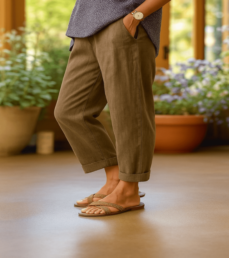 Classic Cropped Linen Trousers with Straight Leg and Fold-Up Hem