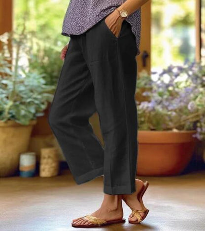 Classic Cropped Linen Trousers with Straight Leg and Fold-Up Hem