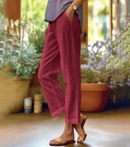 Classic Cropped Linen Trousers with Straight Leg and Fold-Up Hem