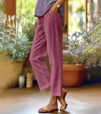 Classic Cropped Linen Trousers with Straight Leg and Fold-Up Hem