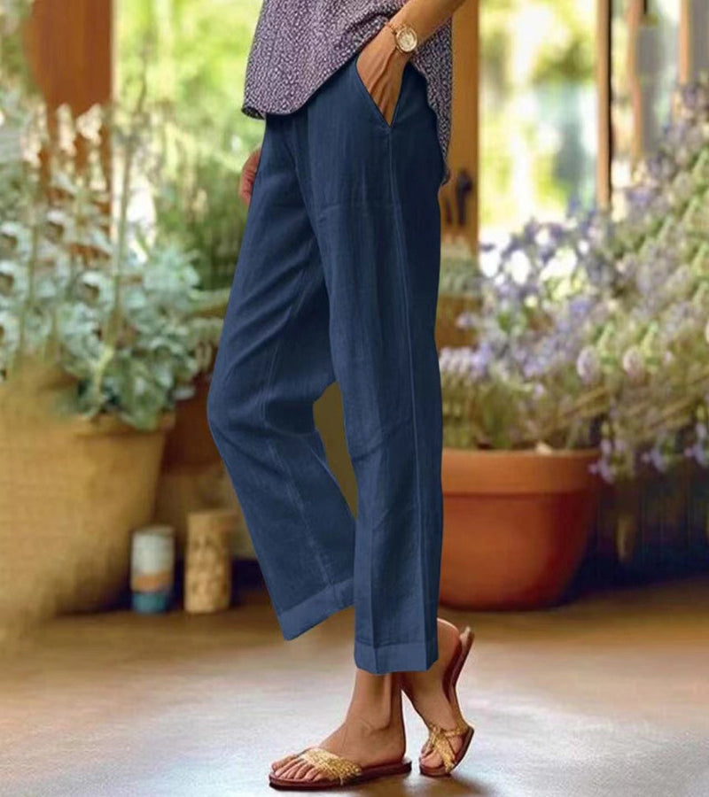 Classic Cropped Linen Trousers with Straight Leg and Fold-Up Hem