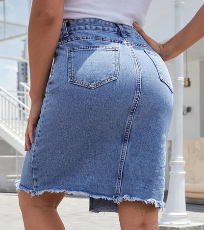 High Waist Denim Midi Skirt with Front Split and Raw Hem