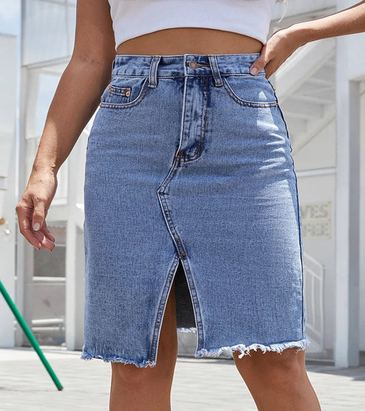 High Waist Denim Midi Skirt with Front Split and Raw Hem