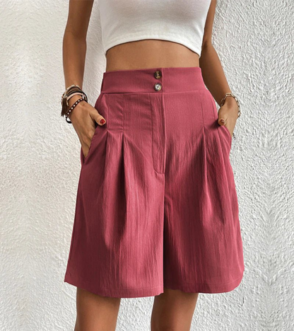 High Waist Pleated Shorts with Double Button and Side Pockets