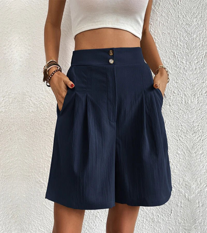 High Waist Pleated Shorts with Double Button and Side Pockets