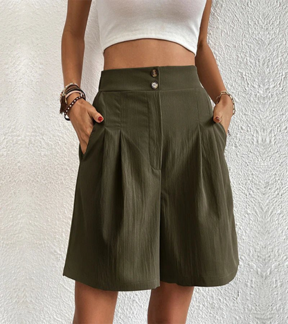 High Waist Pleated Shorts with Double Button and Side Pockets
