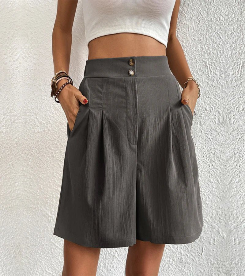 High Waist Pleated Shorts with Double Button and Side Pockets