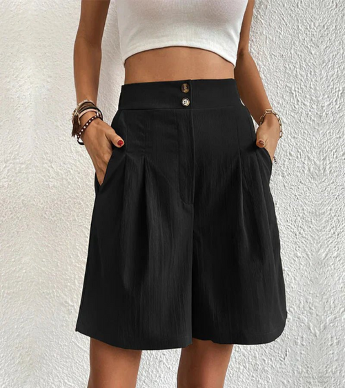 High Waist Pleated Shorts with Double Button and Side Pockets