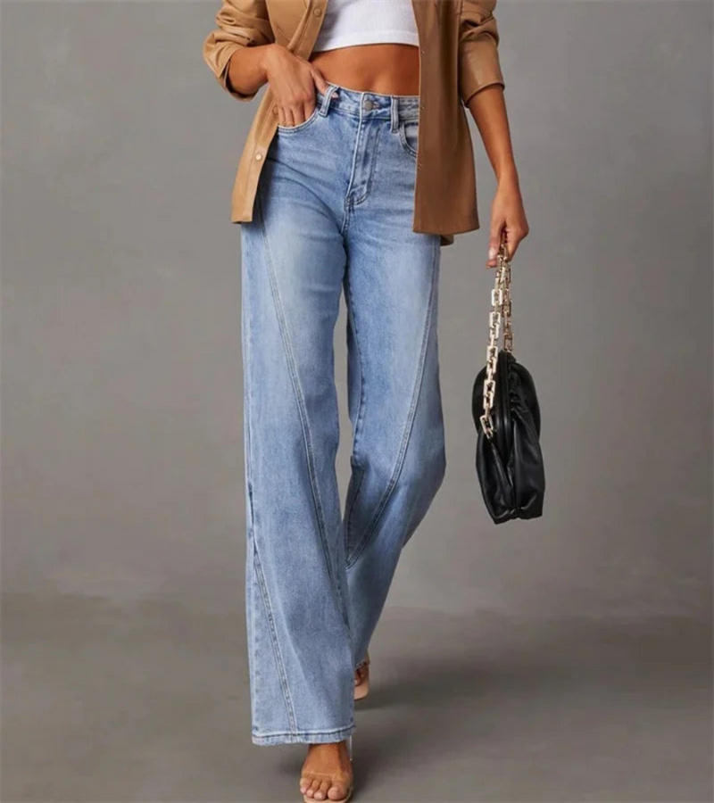 High Waist Wide Leg Jeans with Seam Detail in Light Blue