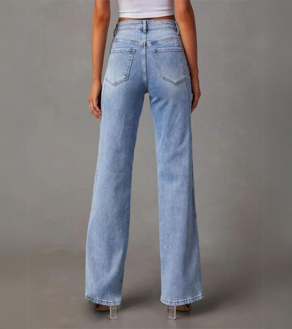 High Waist Wide Leg Jeans with Seam Detail in Light Blue