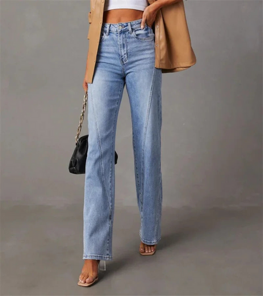 High Waist Wide Leg Jeans with Seam Detail in Light Blue