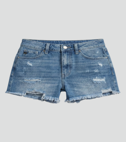 High Waisted Distressed Denim Shorts with Raw Hem