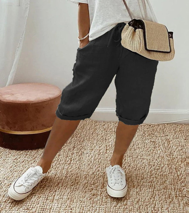 Relaxed Linen Cropped Trousers with Elasticated Waist and Drawstring