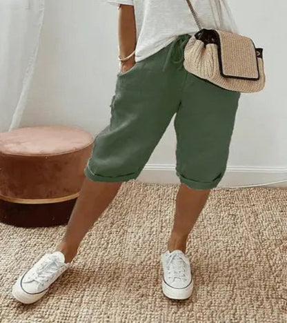 Relaxed Linen Cropped Trousers with Elasticated Waist and Drawstring