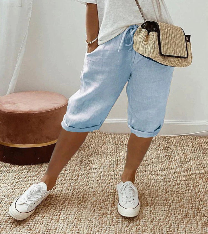 Relaxed Linen Cropped Trousers with Elasticated Waist and Drawstring