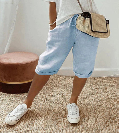 Relaxed Linen Cropped Trousers with Elasticated Waist and Drawstring