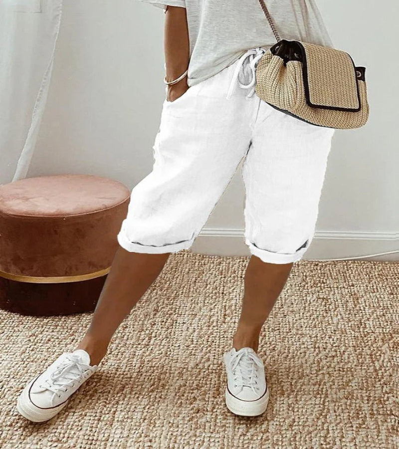 Relaxed Linen Cropped Trousers with Elasticated Waist and Drawstring