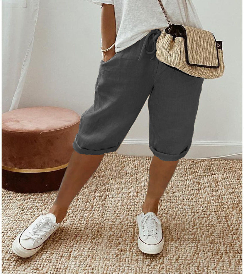 Relaxed Linen Cropped Trousers with Elasticated Waist and Drawstring