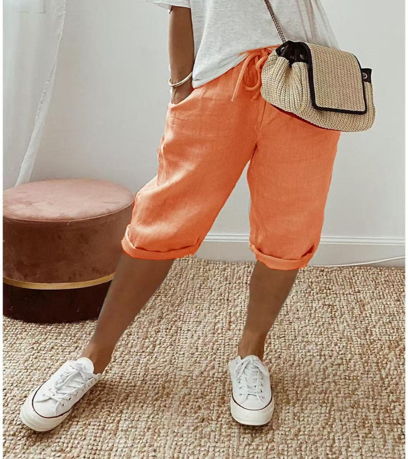 Relaxed Linen Cropped Trousers with Elasticated Waist and Drawstring