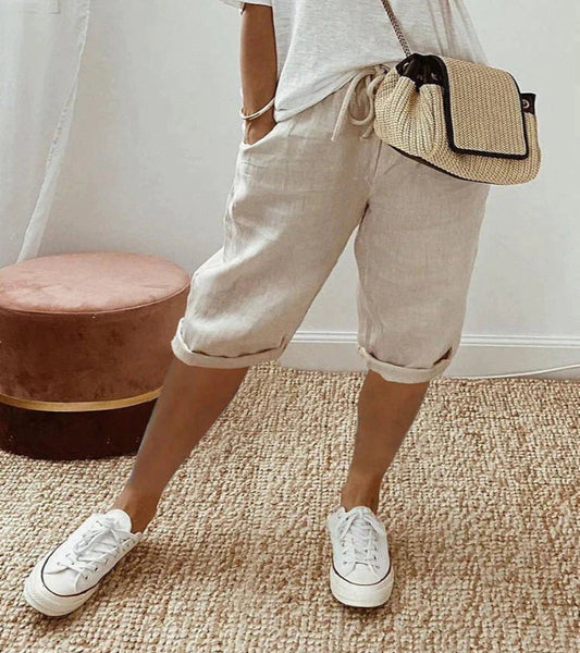 Relaxed Linen Cropped Trousers with Elasticated Waist and Drawstring