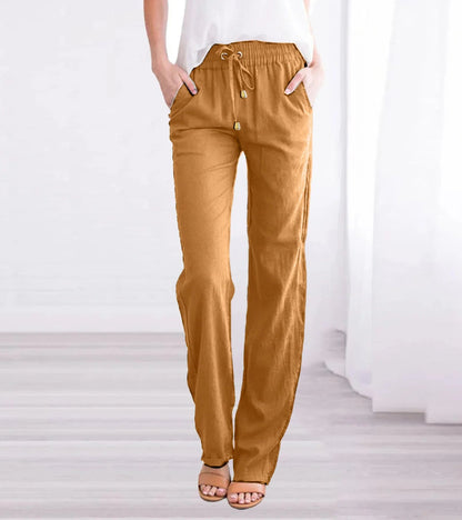 Relaxed Linen Trousers with Elasticated Drawstring Waist and Side Pockets