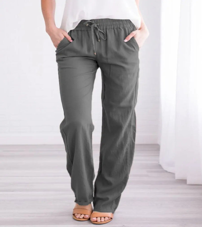 Relaxed Linen Trousers with Elasticated Drawstring Waist and Side Pockets