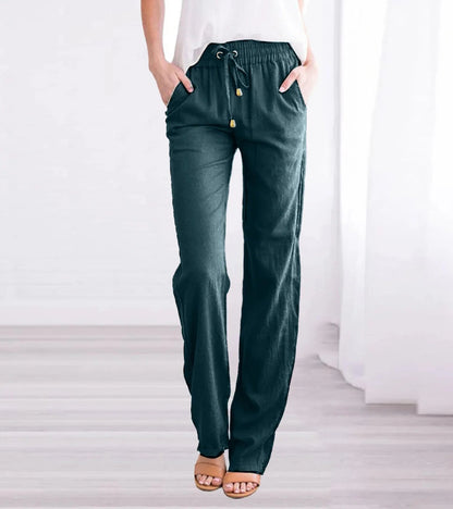 Relaxed Linen Trousers with Elasticated Drawstring Waist and Side Pockets
