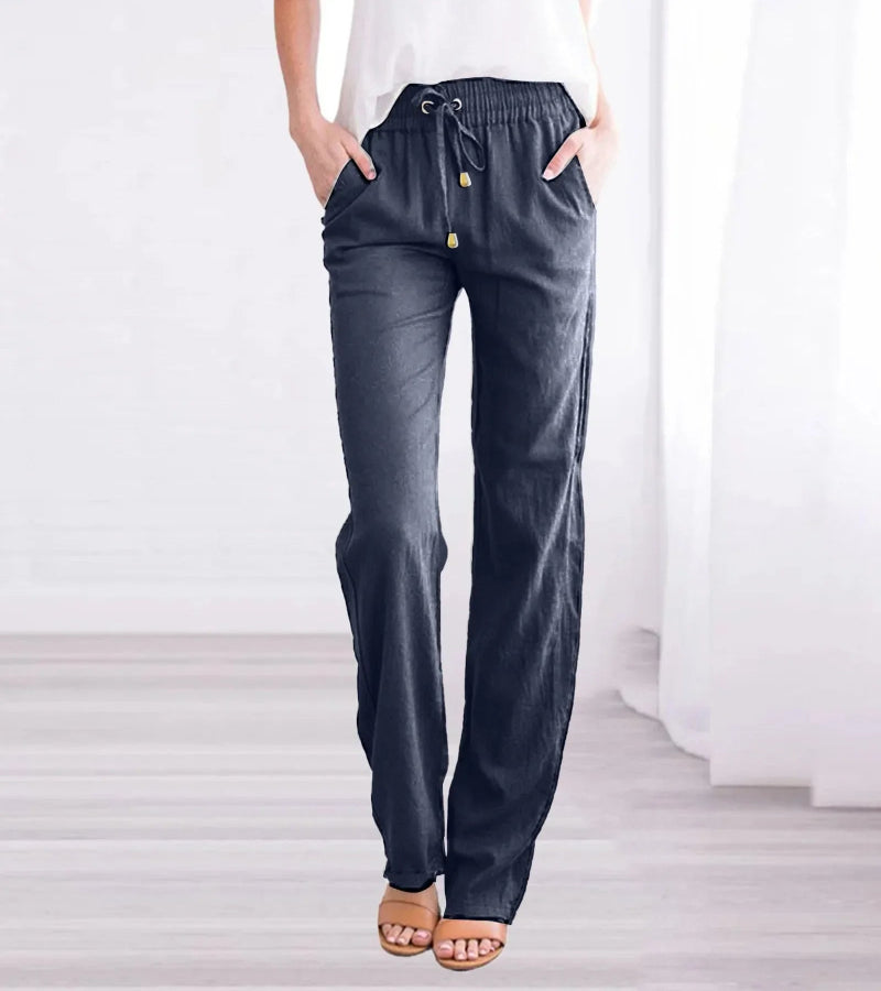 Relaxed Linen Trousers with Elasticated Drawstring Waist and Side Pockets