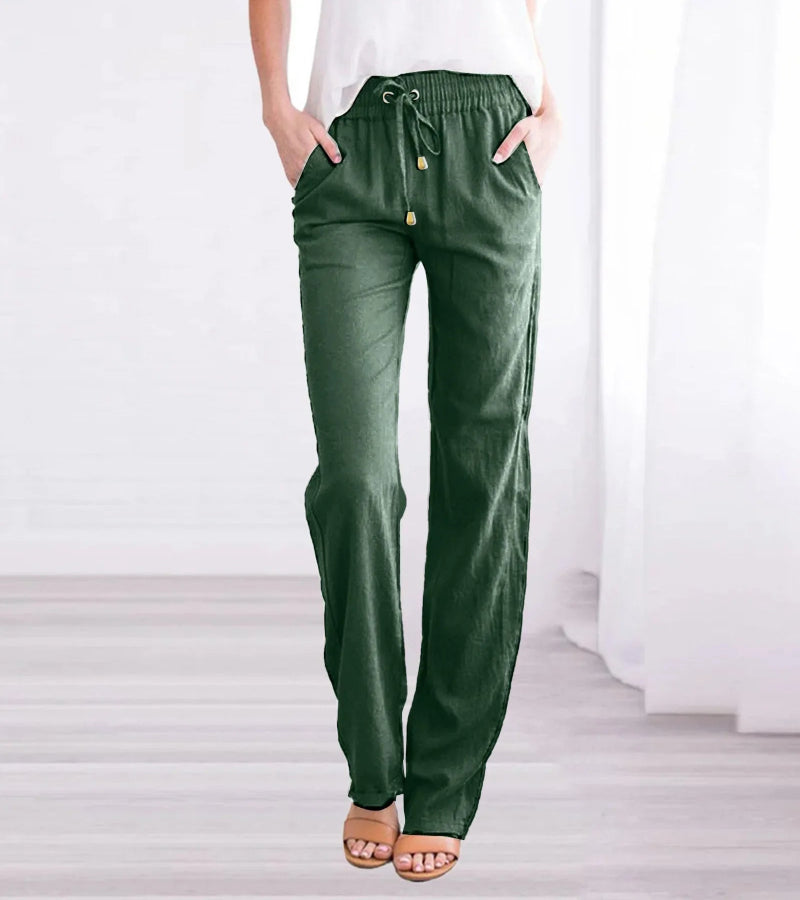 Relaxed Linen Trousers with Elasticated Drawstring Waist and Side Pockets