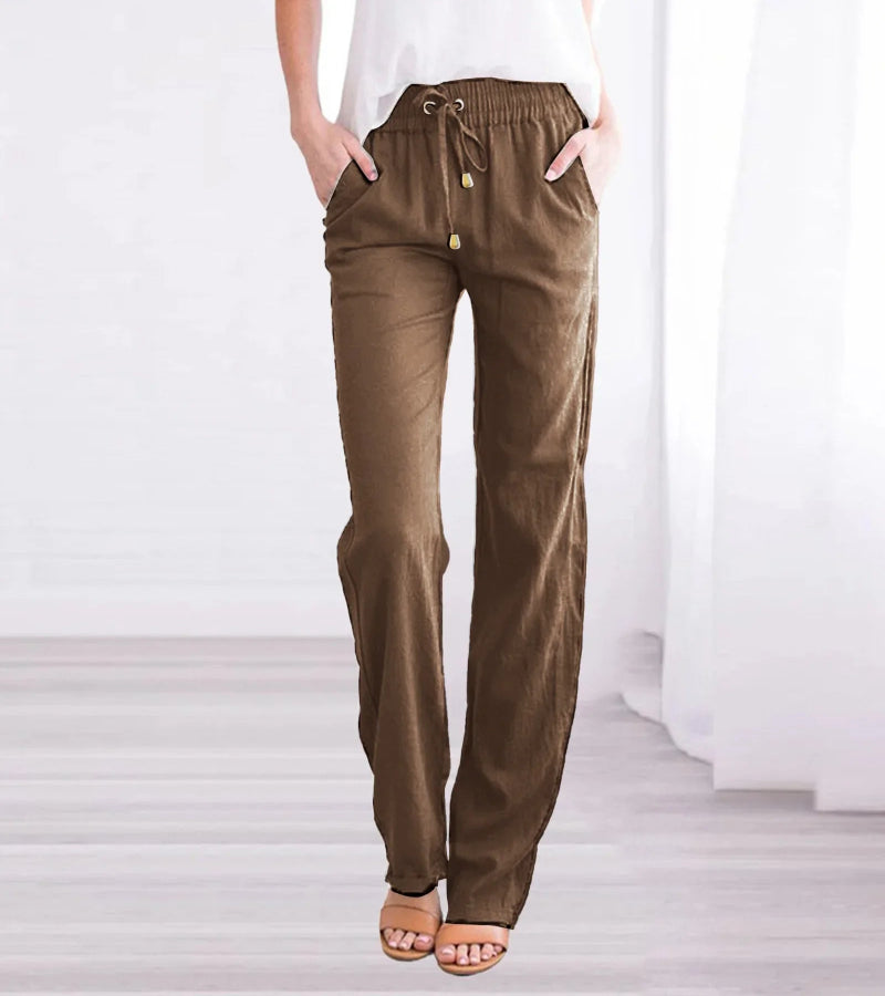 Relaxed Linen Trousers with Elasticated Drawstring Waist and Side Pockets