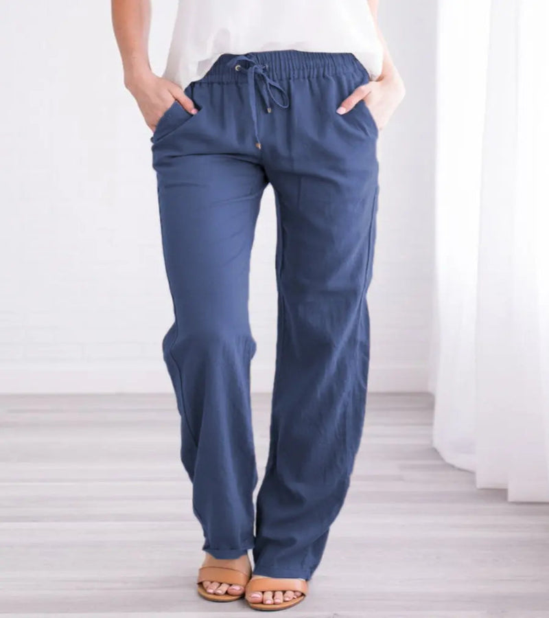 Relaxed Linen Trousers with Elasticated Drawstring Waist and Side Pockets