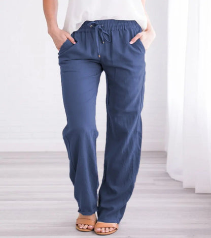 Relaxed Linen Trousers with Elasticated Drawstring Waist and Side Pockets