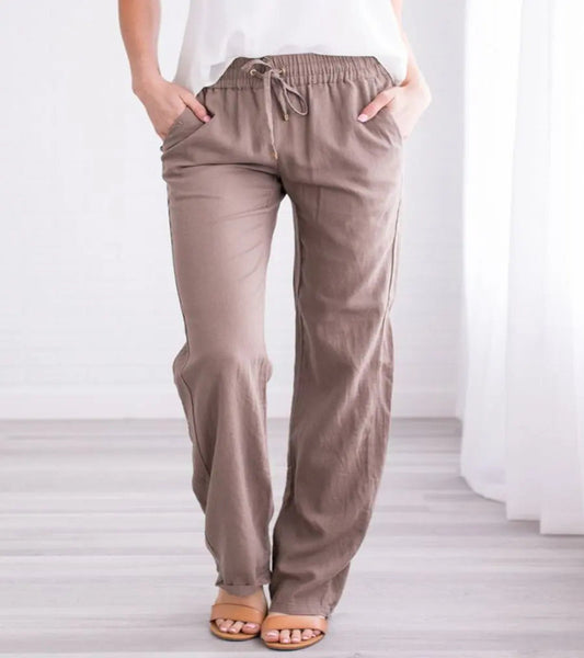 Relaxed Linen Trousers with Elasticated Drawstring Waist and Side Pockets