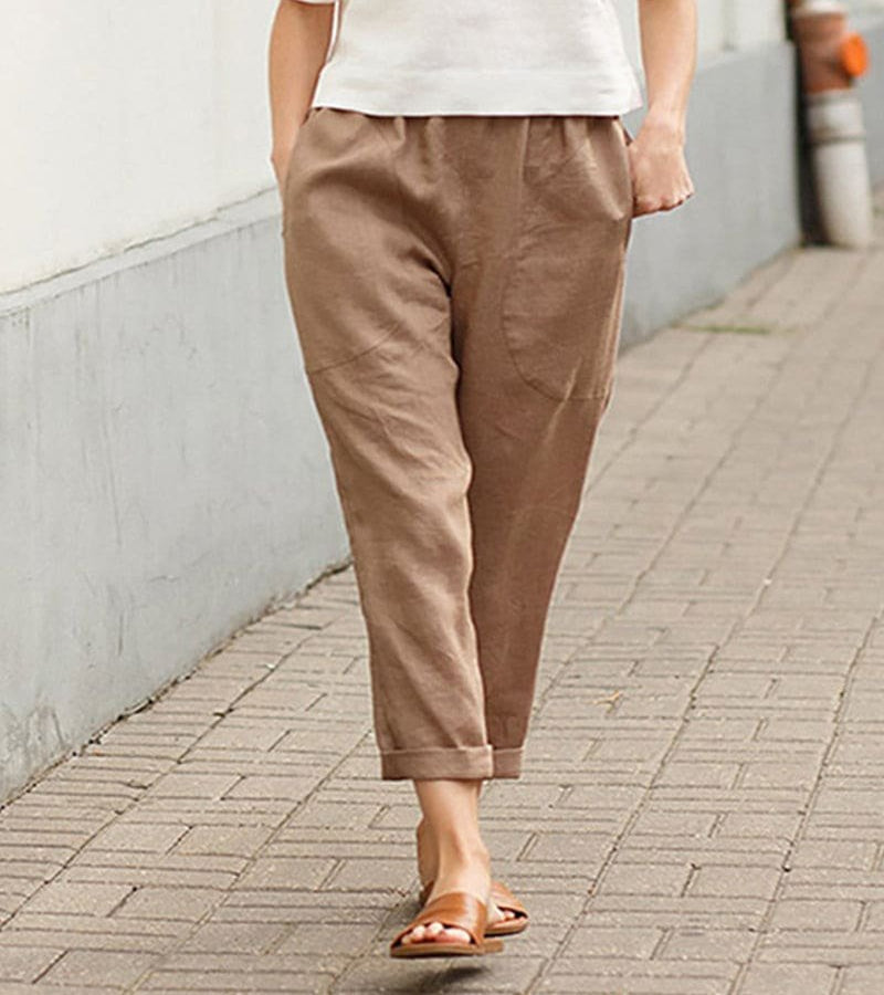 Relaxed Linen Trousers with Elasticated Waist and Rolled Hem