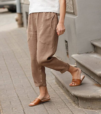 Relaxed Linen Trousers with Elasticated Waist and Rolled Hem